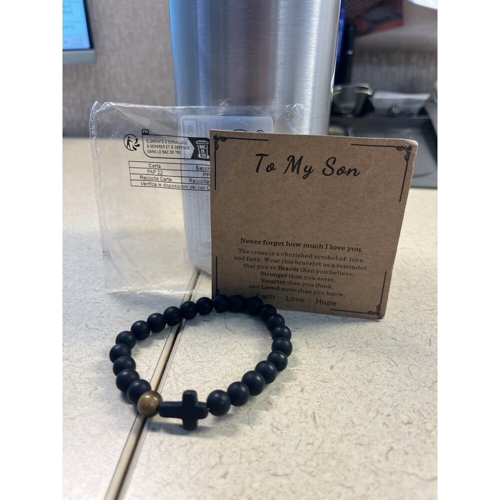 To My Son Black Beaded Cross Bracelet Natural Stone Tiger Eye Gift Note New